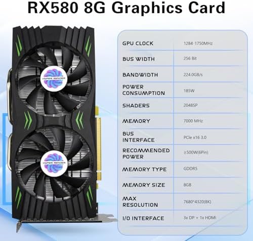 RX 580 Graphics Card 8GB 2048SP GDDR5 256 Bit PC Gaming Video Card Computer Graphics Boards 3*DP 1*HDMI PCI Express 3.0 with Freeze Fan Stop for Desktop Computer GPU for Gaming PC - Image 2