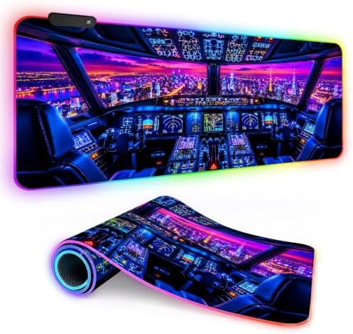 Aircraft Cockpit RGB Gaming Mouse Pad Large Extended Desk Mat 35.4 x 15.7 inch LED Glowing Mousepad Light Up Keyboard Pad Non-Slip Rubber Base by LEIWEIHOPE