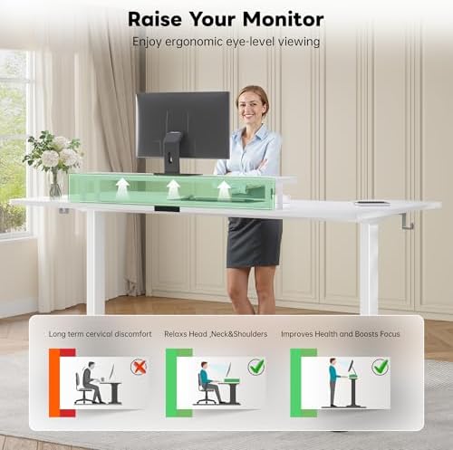 EnHomee 71 x 36 Inch U Shaped Electric Standing Desk, Height Adjustable Desk with Power Outlet, 3 Memory Height Preset,Monitor Shelf for Home Office Work Study Gaming, White - Image 5