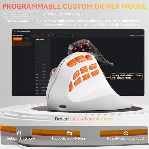SOLAKAKA E9 PRO Vertical MMO Gaming Mouse - Ergonomic Wireless Mouse with 10 Side Buttons,PAW3395 36000 DPI Sensor,45°Grip,Tri-Mode 2.4G/BT/Wired, RGB,1000mAh Rechargeable Mouse for PC/Mac - White - Image 6
