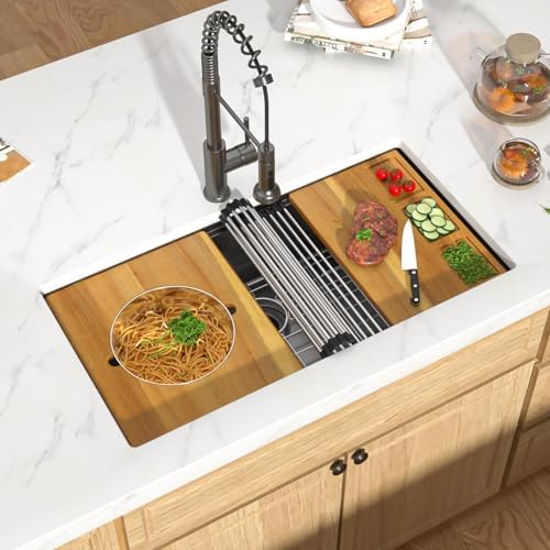 Black Undermount Kitchen Sink, 36x19 Workstation 16 Gauge T-304 Stainless Steel Single Bowl Under Counter Sink for Kitchen with Cutting Board, Mixing Bowl & Pasta Strainer #TLU-0042 - Image 2