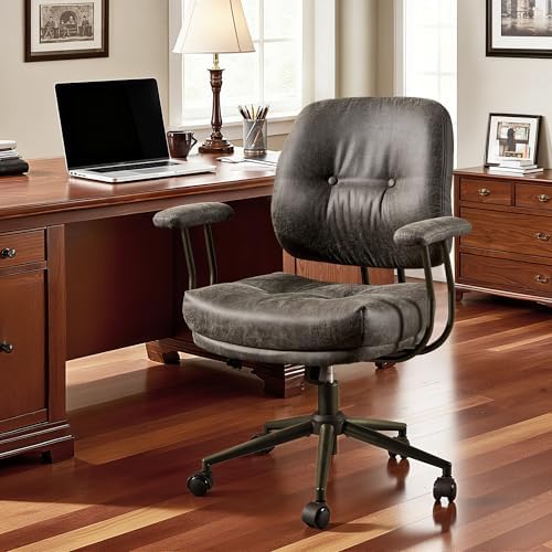 Leather Home Office Chair, Mid Back Ergonomic Desk Chair with Lumbar Support, Mid Century Modern Deep Seat Swivel Rocking Computer Chair, Dark Gray by Eco-ChicLivingBeautifullyAffordable