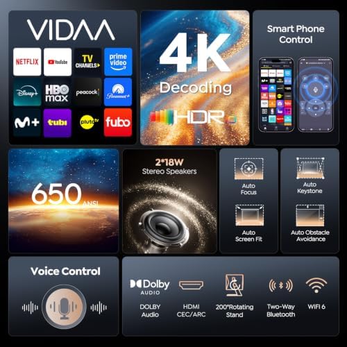 Smart Projector 4K [VIDAA Live TV & 36W Dolby & Voice Control] with WiFi6 and Bluetooth, Short Throw Projector Compatible with Netflix, AI Auto Focus, HDR10, Home Theater Proyector for Outdoor Movies - Image 3