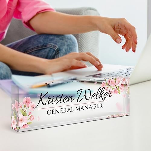 Personalized Office Name Plate for Desk - Custom Employee Appreciation Gifts - Acrylic Desk Name Plate Personalized - Staff Appreciation Gift for Teacher, Coworker, Nurse, Manager (Pink Flower) - Image 3