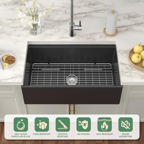 Black Farmhouse Sink Workstation 33 Inch Matte Black Apron Front Fireclay Farm Sink Reversible Apron Ceramic Single Bowl Sink Large Deep Farm Kitchen Sinks with Luxury Accessories - Image 4