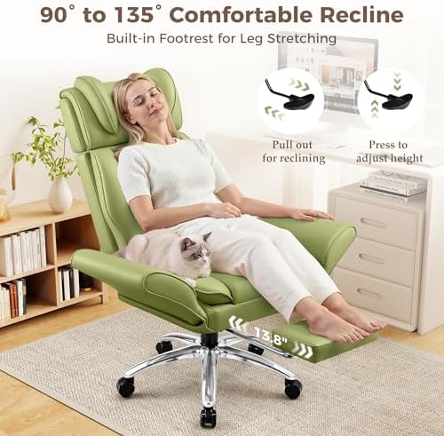 Big and Tall Office Chair, Flip Armrests for Pets & Cross Legged Sitting, Ergonomic Leather Executive Desk Chair with Foot Rest, High-Back Reclining Computer Chairs for Home Office Gaming, Green - Image 6