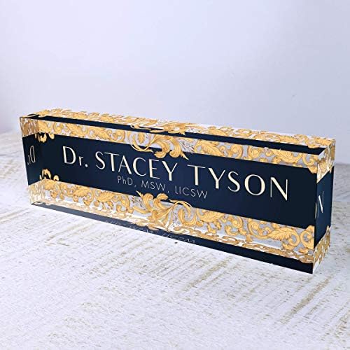 Artblox Office Desk Name Plate Personalized | Custom Name Plates For Desks | Leaf Gold Design On Clear Acrylic Glass | Cute Office Desk Accessories Customized Gifts - (8" x 2.5") - Image 5