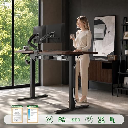FEZIBO Electric Standing Desk with L-Shaped Crossbar & Cable Management System, 48 x 24 Inches Sit Stand up Desk, Adjustable Height Standing Desk for Home Office, Black Walnut - Image 3
