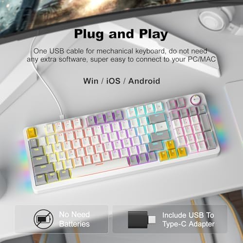 GEEZER AK96 Mechanical Gaming Keyboard, Pre-Lubed Red Switches, 96 Keys Full Size with LED Colorful Backlit, Clicky Creamy Sound, USB Wired Computer Keyboard with Volume Knob for PC, Mac, Windows - Image 2