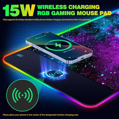 AIMSA Wireless Charging RGB Gaming Mouse Pad 15W, Extended LED Desk Mat Protector 800x300x4MM, 14 Light Modes Extra Large Mousepad Non-Slip Rubber Base Desk Mat, Galaxy Nebula Universe - Image 3