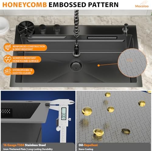 Mocoloo 33 Inch Black Honeycomb Waterfall Kitchen Sink Drop in, 33x19 Inch Stainless Steel Workstation Sink 16 Gauge Topmount Single Bowl Sink with Complete Kit - Image 4