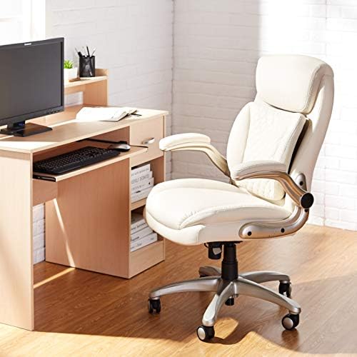 Amazon Basics Ergonomic Executive Office Desk Chair with Flip-up Armrests and Adjustable Height, Tilt and Lumbar Support, Cream Bonded Leather, 29.5"D x 28"W x 43"H (Previously AmazonCommercial brand) - Image 2