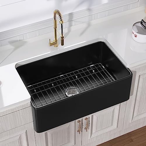 Miuara Farmhouse Sink 30 x 18 Inch Black Fireclay Apron Front Kitchen Sink by Miuara