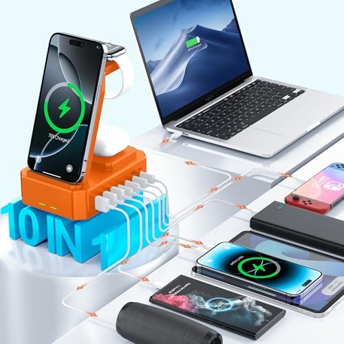 300W Charging Station for Multiple Devices Apple, Zutspzss 10 in 1 Wireless Charger for iPhone 16, GaN III USB C 65W PD Fast Charging Stand Dock for MacBook, Apple Watch&Airpods,Orange - Image 3