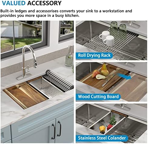 27 Undermount Kitchen Sink - Fulorni 27"x19" Kitchen Sink Ledge Workstation Under Counter 16 Gauge 304 Stainless Steel Single Bowl Basin - Image 6