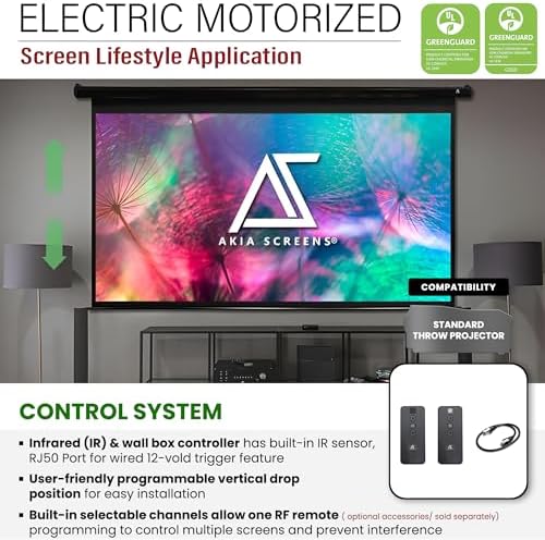 Akia Screens 150" Motorized Projector Screen, 16:9 Electric Remote Controlled Retractable Drop Down Projection Screen, Ceiling or Wall Mount, 8K 4K HD Ready, Black Housing, AK-MOTORIZE150H2. - Image 3