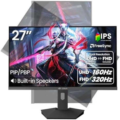 CRUA 27" 4K 160Hz / FHD 320Hz Dual Mode IPS Gaming Monitor, Vertical Stand by CRUA