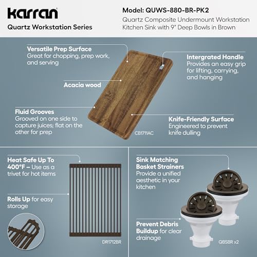Karran 32.5 Inch Undermount Quartz Composite Workstation Kitchen Sink, 50/50 Double Bowl Low Divide with Color Matched Accessories, Cutting Board, Drying Mat, Colander & Strainers Brown - Image 5
