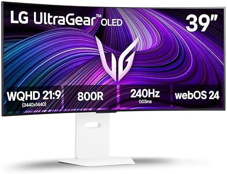 LG 39GX90SA-W 39-inch Ultragear WQHD (3440 x 1440) OLED Curved Gaming Monitor 240Hz, 1ms, NVIDIA G-Sync Compatible, AMD FreeSync Premium, VESA DisplayHDR True Black 400, webOS, USB Type-C, White by Unknown