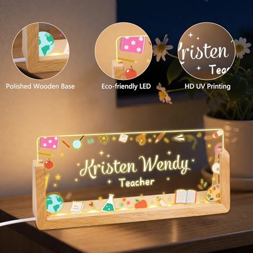 Personalized Teacher Desk Name Plate, Custom Light Up Acrylic Sign with LED Wood Base, Classroom Decor Gift for Teacher Appreciation, Back to School Office Plaque - Image 2