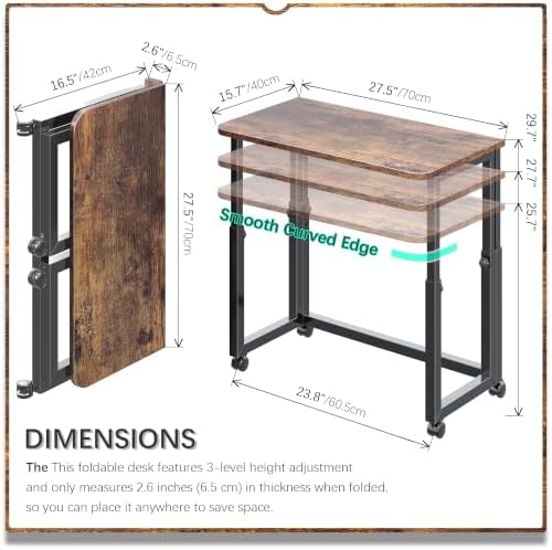 4NM No Tool Assembly 27.5" Small Desk, Folding Portable Desk with Wheels, Foldable Computer Home Office Desks, Collapsible Study Writing Table for Space Saving Bedroom - Rustic Brown - Image 2