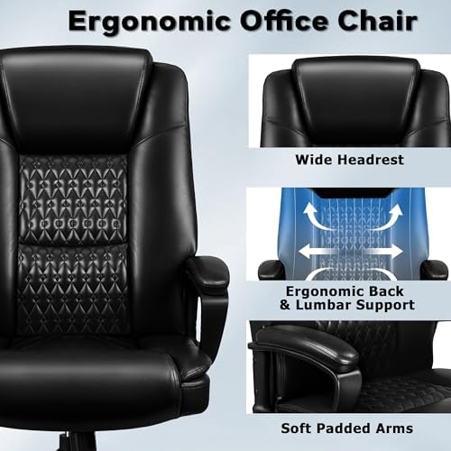 Executive Office Chair, High Back Ergonomic Desk Chair with Lumbar Support, Adjustable Big and Tall Computer Chair, 360° Swivel, PU Leather, Black - Image 6