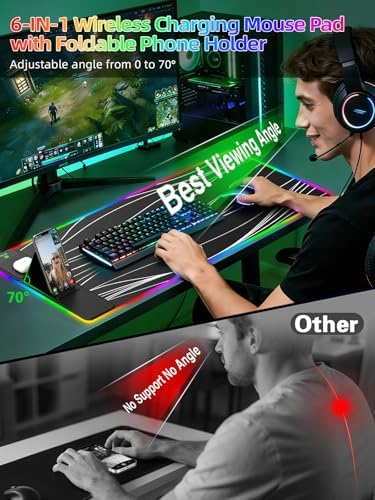 Mouse Pad with Foldable Phone Holder & Wireless Charger, XXL RGB Gaming Mousepad 31.5"x15.8" Large Desk Mat for Keyboard, Black Desk Pad with Dual Qi Charging Station | 11 Colors 5 Modes - Image 2