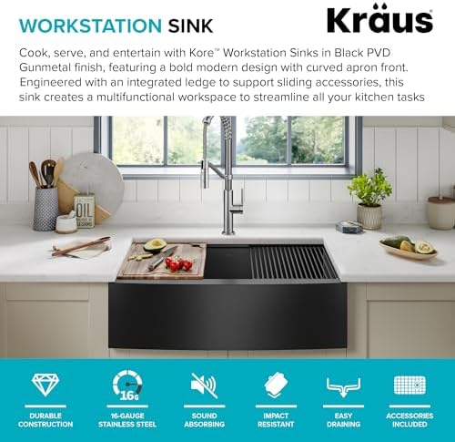 KRAUS Kore Workstation 33-inch Farmhouse Apron Front 16 Gauge Black Stainless Steel Single Bowl Kitchen Sink in PVD Gunmetal Finish with Accessories, KWF210-33/PGM - Image 3