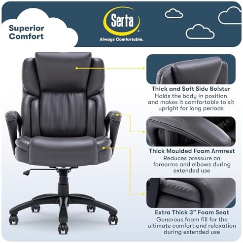 Serta Garret Executive Office Chair, Ergonomic Mid-Back with Lumbar Support, Semi-Plush Cushion and Body Pillows, Padded Armrests, Swivel Base, Bonded Leather, Space Gray - Image 4