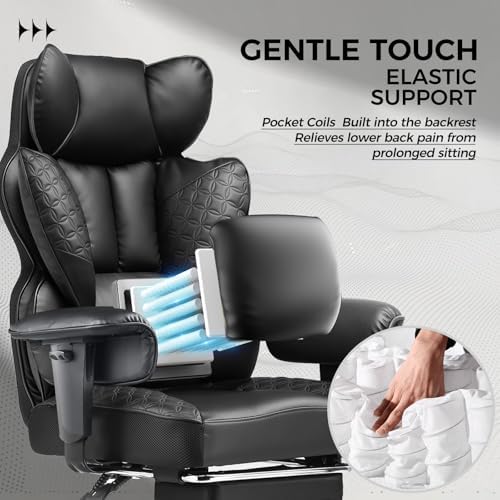 COMHOMA Big and Tall Office Chair Heavy Duty Wide Ergonomic Gaming Chair with Deluxe Embossing Designed Leather with Foot Rest, 145°Reclining Adjustable Armrests Pocket Spring Back Support and Pillow - Image 4