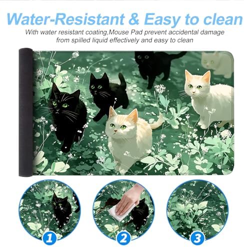 Cute Cat Mouse Pad Large Gaming Desk Mat - Kawaii Black and White Cats in Green Forest, Extended XL Mousepad with Non-Slip Rubber Base for Office, Home, PC, Laptop - Image 5