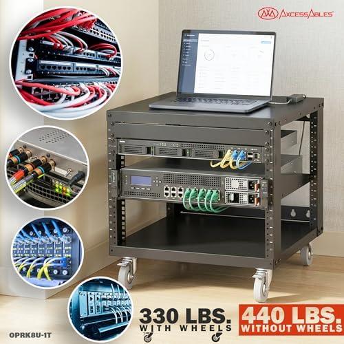 AxcessAbles 8U Open Frame Network & AV Rack with Caster Wheels, One 1U Shelf, 10-32 & Cage Nut Compatible Rails, Cage Nuts, Screws, Cage Nut Tool & Wall Mount Kit | 19-Inch Rack - Image 3
