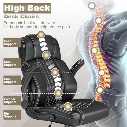 Ergonomic Executive Office Chair, High Back PU Leather Computer Desk Chair with Flip-Up Armrests, Lumbar Support, Adjustable Height and Rocking Function, Black - Image 4