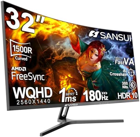 SANSUI 32-Inch Curved Gaming Monitor WQHD 2560 x 1440 180Hz Curved 1500R by SANSUI