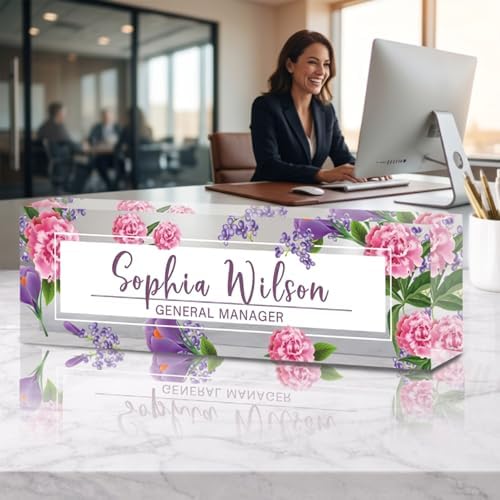 Personalized Name Plate for Desk Custom Desk Name Plate Acrylic Office Desk Accessories Decor for Women Teacher Nurse Boss Employee Appreciation Gifts for Mother Pink Floral Name Plates - Image 2