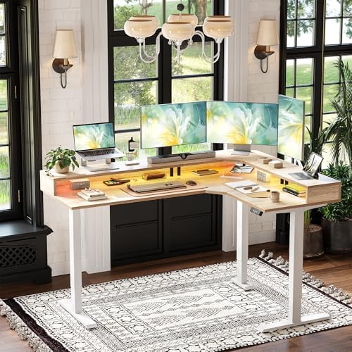 TIQLAB 63'' L-Shaped Standing Desk with LED Light Strip and Power Outlet, Height Adjustable Corner Table with Ergonomic Monitor Stand, Maple - Image 2
