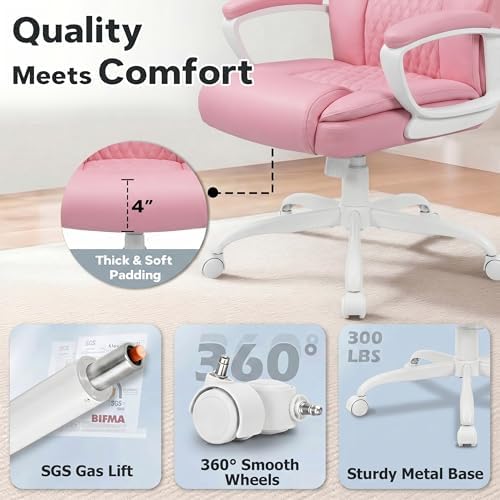 Executive Office Chair, Home Computer Desk Chair, PU Leather, Pink - Image 4