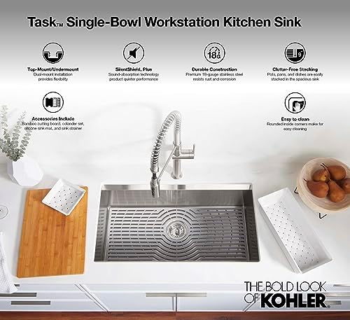 KOHLER 80086-1PC-NA Task™ 27" Top-/Undermount Workstation Stainless Steel Kitchen Sink, Includes Accessories, 1 Faucet Hole, Single Bowl Kitchen Sinks - Image 2