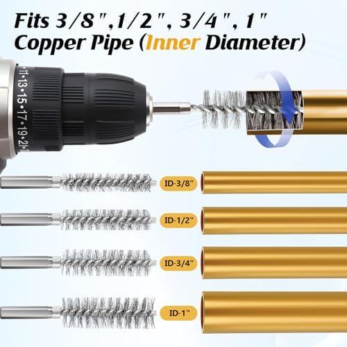 Copper Pipe Cleaner for Drill Set, 3/8'', 1/2", 3/4'', 1", Blue - Image 4