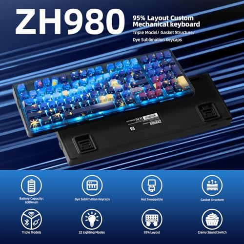 ZORNHER ZH980 Mechanical Keyboard,95% Blue Creamy Keyboard with Number Pad,Van Gogh's Starry Night Dye Sublimation PBT Keycaps,Creamy Sounding Linear Switches,Hot-Swappable,RGB Backlit - Image 2