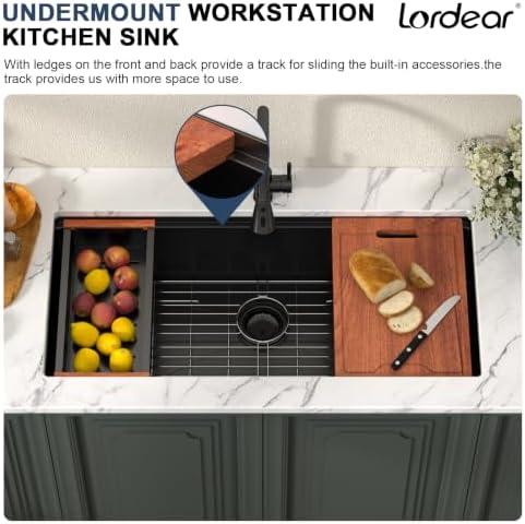 Lordear 39 Inch Black Undermount Kitchen Sink Workstation SUS304 16 Gauge - Image 4