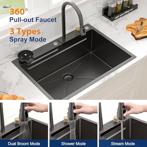 Sarlai black Waterfall Kitchen Sink - 28x22 Black Waterfall Drop In Workstation Sink Stainless Steel 16 Gauge Sinks Multifunction Single Bowl Smart Top Mount Kitchen Sinks with Faucet Combo - Image 6