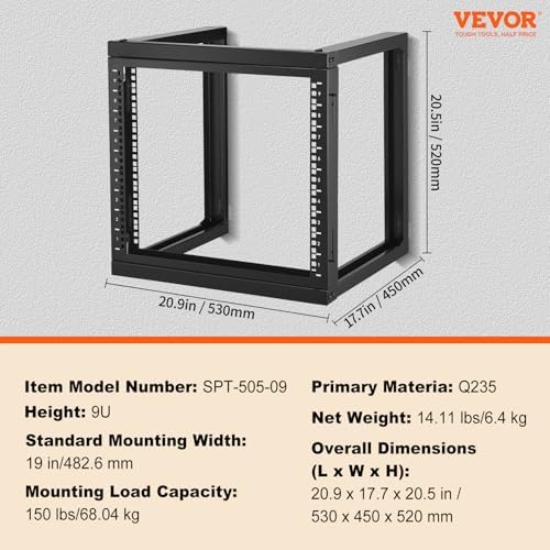 VEVOR 9U Server Rack, Wall Mount Network Rack for 19 Inch IT & AV Equipment, Open Frame 18" Deep 150 lbs Max Load Capacity - Image 7