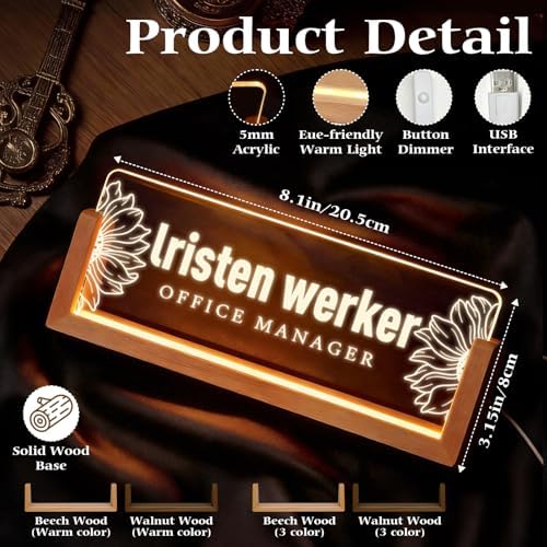 Personalized Light Up Acrylic Desk Name Plate - Custom Name Plate for Desk with Walnut Wood Base - Appreciation Office Gifts for Employees, Teacher, Social Worker (Sunflower-2) - Image 2
