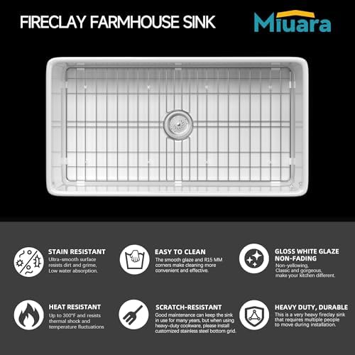 Miuara Farmhouse Sink 33 x 18 Inch White Fireclay Apron Front Kitchen Sink - Image 2