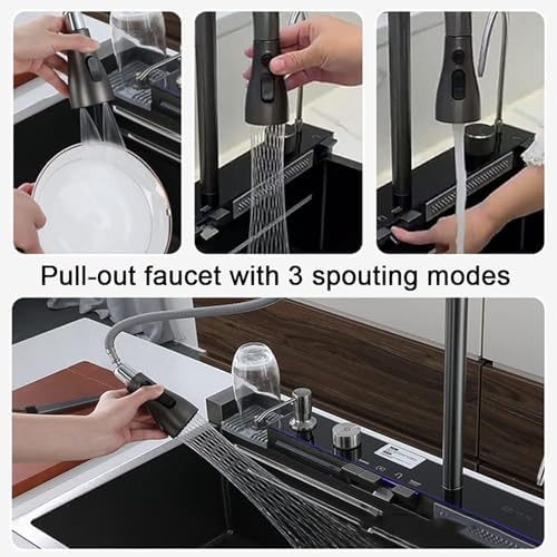 Black Kitchen Sink 304 Stainless Steel Undermount/Drop In Waterfall Single Bowl Kitchen Workstation Sink with Pull-Out Faucet & Accessories (Whale, 33.5inch) - Image 5