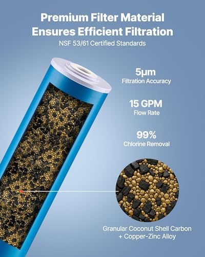 VEVOR KDF Whole House Water Filter, 20 x 4.5 Inch Universal Fit Cartridge, 100,000 Gal Capacity, Coconut Shell GAC + Copper Zinc Alloy, Reduces Heavy Metals, Chlorine, Bad Taste & Odor - Image 3