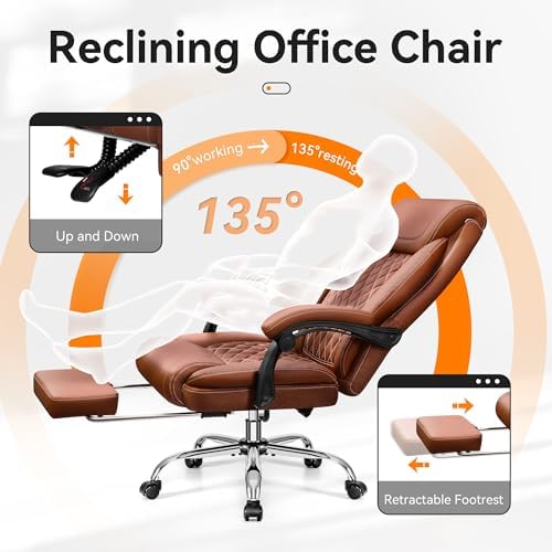 Office Chair, Executive Leather Office Chairs with Rocking Function, Big and Tall Ergonomic Computer Chair with Lumbar Support Flip-Up Armrests, Comfortable Gaming Chairs for Home Ofiice - Image 6