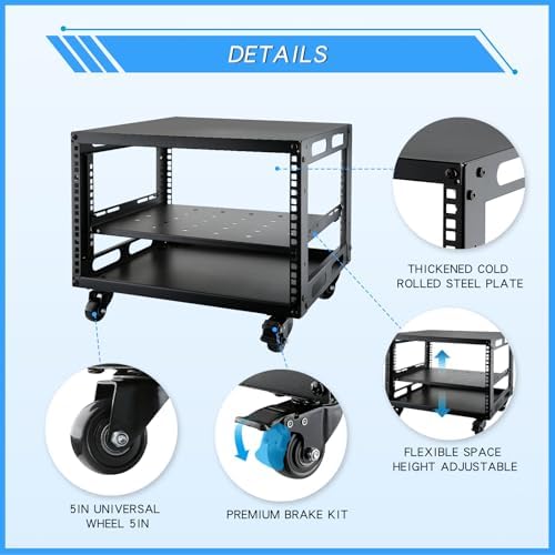 6U Open Frame Server Rack with Wheels Free Standing Network Server Rack for Servers & AV Gear Black - Image 6