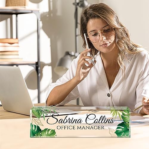Custom Name Plate for Desk, Desk Name Plate Personalized, Office Decor for Women Men, Acrylic Desktop Accessories, Office Appreciation Gifts for Boss Social Workers Nurse Teacher Employee(Green Leaf) - Image 3